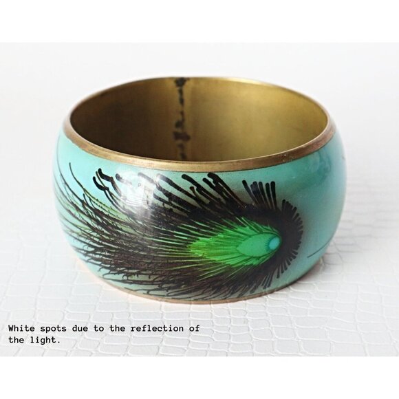 Vintage Peacock Feathers Enamel  Brass Wide Bangle Bracelet - Picture 4 of 4